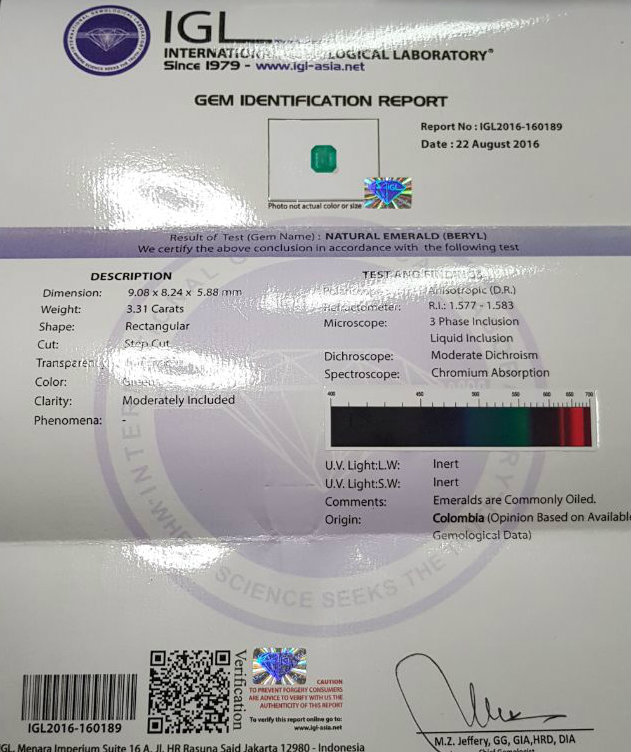 sertifikat zamrud colombia 3.31 carat